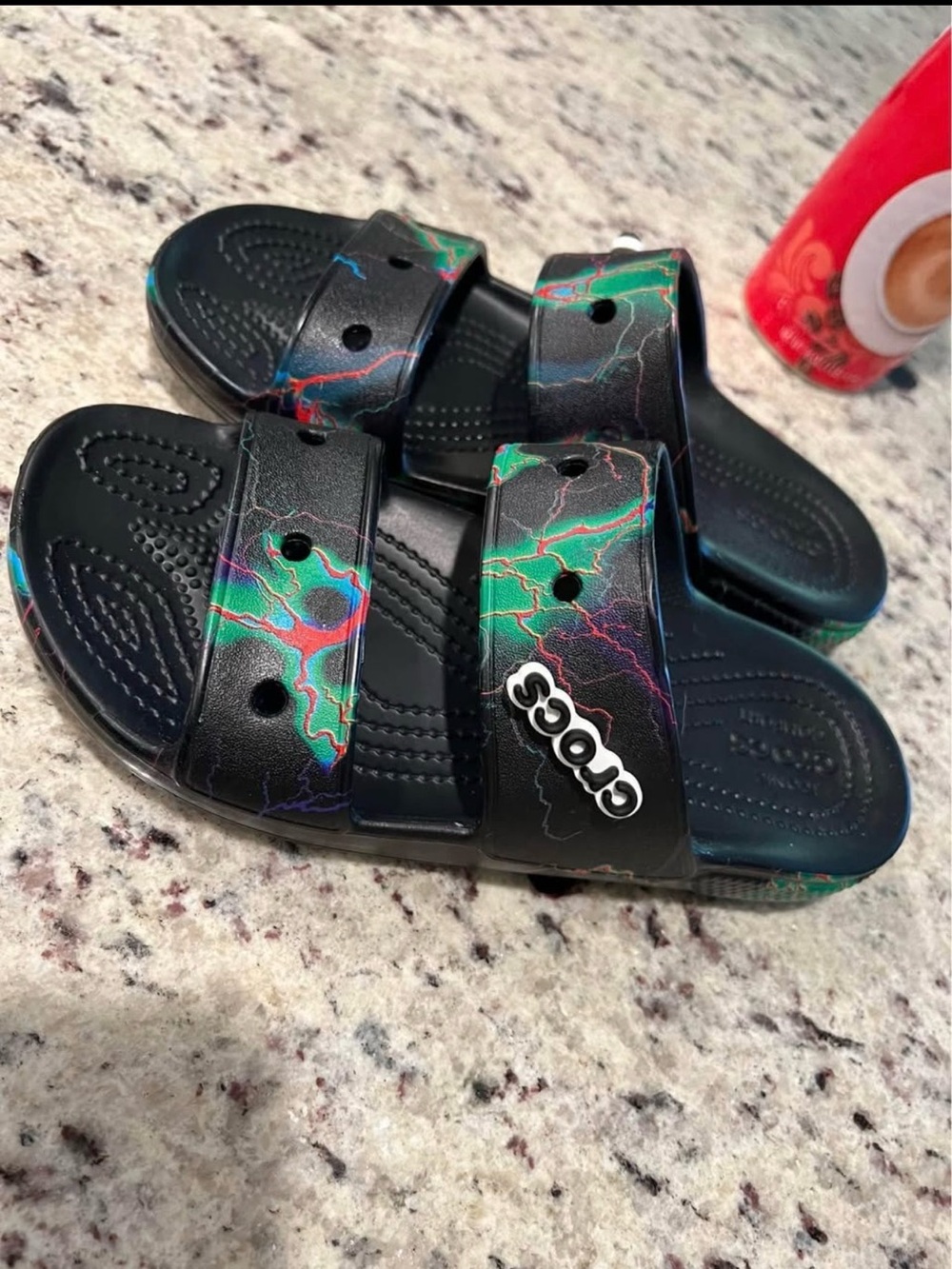 CROCS Black Slides with Multicolor Neon Lightning Accents